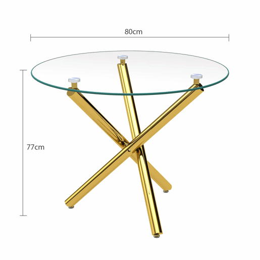 Mesa de jantar redonda 80x80x76 cm - vidro temperado e pés dourados, estilo moderno minimalista - dourada