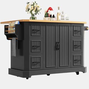 Ilha de cozinha móvel 120x45(75)x91 cm - Com 2 portas e 6 gavetas - Preto