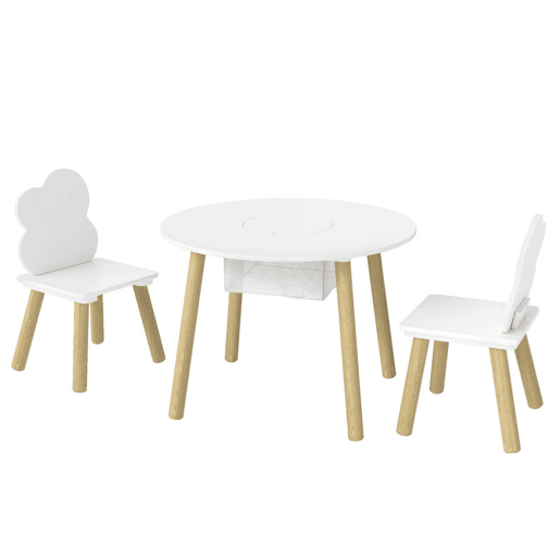 AIYAPLAY Mesa Infantil com 2 Cadeiras, Mesa e Cadeiras para Crianças com Saco de Rede, Tema Nuvem, dos 3 aos 6 Anos, para Casa, Creche ou Sala de Aula, Branco