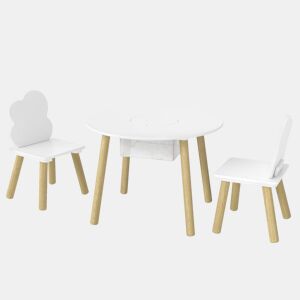 AIYAPLAY Mesa Infantil com 2 Cadeiras, Mesa e Cadeiras para Crianças com Saco de Rede, Tema Nuvem, dos 3 aos 6 Anos, para Casa, Creche ou Sala de Aula, Branco