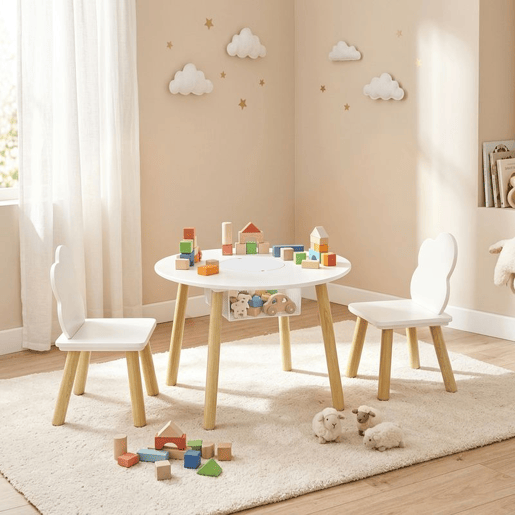 AIYAPLAY Mesa Infantil com 2 Cadeiras, Mesa e Cadeiras para Crianças com Saco de Rede, Tema Nuvem, dos 3 aos 6 Anos, para Casa, Creche ou Sala de Aula, Branco