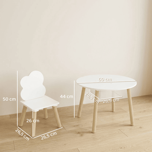 AIYAPLAY Mesa Infantil com 2 Cadeiras, Mesa e Cadeiras para Crianças com Saco de Rede, Tema Nuvem, dos 3 aos 6 Anos, para Casa, Creche ou Sala de Aula, Branco
