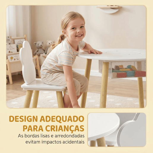 AIYAPLAY Mesa Infantil com 2 Cadeiras, Mesa e Cadeiras para Crianças com Saco de Rede, Tema Nuvem, dos 3 aos 6 Anos, para Casa, Creche ou Sala de Aula, Branco