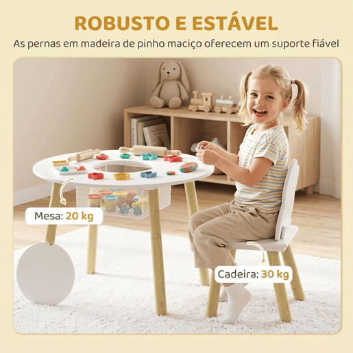 AIYAPLAY Mesa Infantil com 2 Cadeiras, Mesa e Cadeiras para Crianças com Saco de Rede, Tema Nuvem, dos 3 aos 6 Anos, para Casa, Creche ou Sala de Aula, Branco