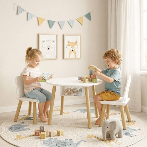 AIYAPLAY Mesa Infantil com 2 Cadeiras, Mesa e Cadeiras para Crianças com Saco de Rede, Tema Nuvem, dos 3 aos 6 Anos, para Casa, Creche ou Sala de Aula, Branco
