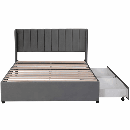 Cama 140x200cm com 2 gavetas - estofo em veludo - estilo moderno - Cinzento