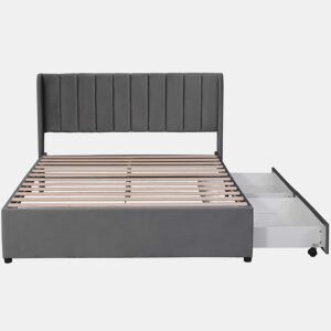 Cama 140x200cm com 2 gavetas - estofo em veludo - estilo moderno - Cinzento