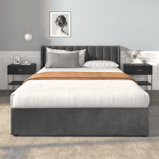 Cama 140x200cm com 2 gavetas - estofo em veludo - estilo moderno - Cinzento