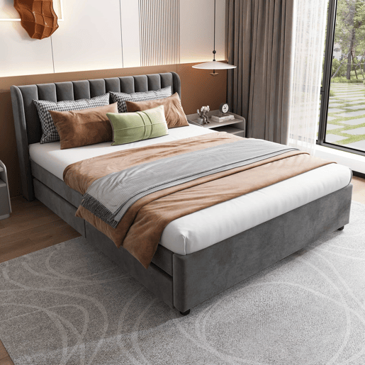 Cama 140x200cm com 2 gavetas - estofo em veludo - estilo moderno - Cinzento