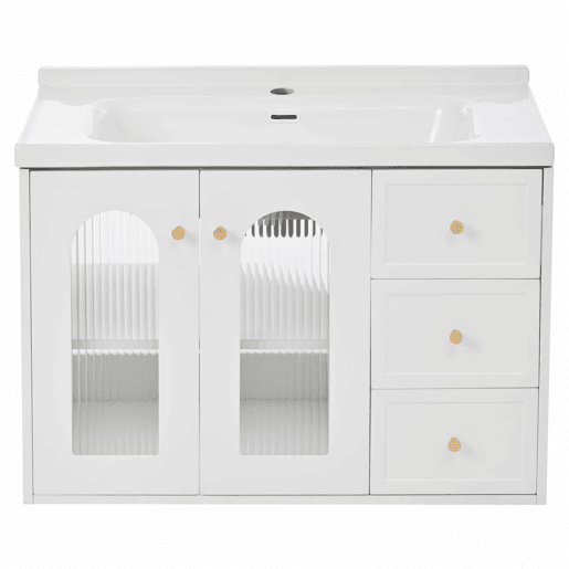 Móvel de casa de banho suspenso com lavatório de cerâmica de 80 cm - multifuncional, MDF, 2 gavetas + armário com porta de vidro semitransparente e prateleiras ajustáveis, grande capacidade de arrumação - branco