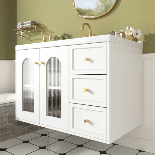 Móvel de casa de banho suspenso com lavatório de cerâmica de 80 cm - multifuncional, MDF, 2 gavetas + armário com porta de vidro semitransparente e prateleiras ajustáveis, grande capacidade de arrumação - branco