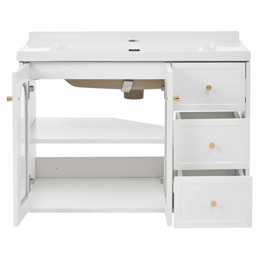 Móvel de casa de banho suspenso com lavatório de cerâmica de 80 cm - multifuncional, MDF, 2 gavetas + armário com porta de vidro semitransparente e prateleiras ajustáveis, grande capacidade de arrumação - branco