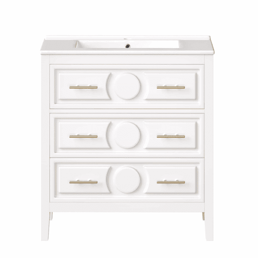 Móvel de lavatório de 81 x 46,5 cm - 3 gavetas de estilo retro, lavatório em cerâmica, sistema de fecho suave, independente, puxadores metálicos - branco