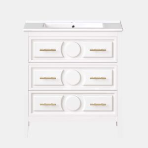 Móvel de lavatório de 81 x 46,5 cm - 3 gavetas de estilo retro, lavatório em cerâmica, sistema de fecho suave, independente, puxadores metálicos - branco