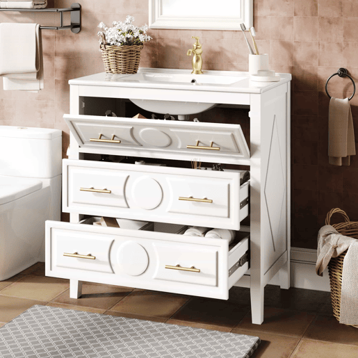 Móvel de lavatório de 81 x 46,5 cm - 3 gavetas de estilo retro, lavatório em cerâmica, sistema de fecho suave, independente, puxadores metálicos - branco