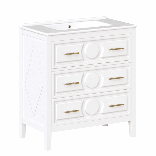 Móvel de lavatório de 81 x 46,5 cm - 3 gavetas de estilo retro, lavatório em cerâmica, sistema de fecho suave, independente, puxadores metálicos - branco