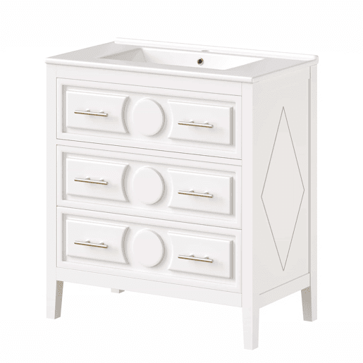 Móvel de lavatório de 81 x 46,5 cm - 3 gavetas de estilo retro, lavatório em cerâmica, sistema de fecho suave, independente, puxadores metálicos - branco