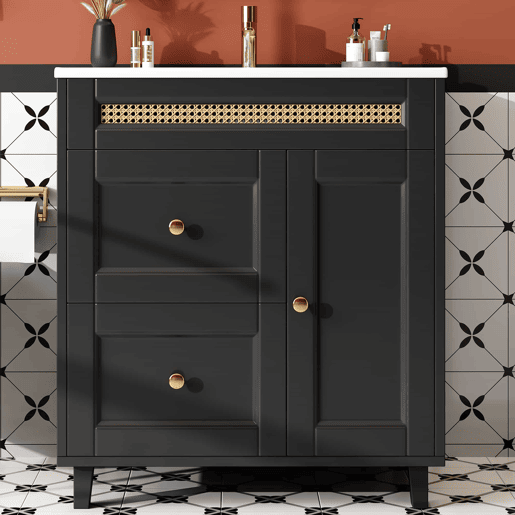 Móvel de casa de banho com lavatório 76x46x86,5 cm - gavetas com corrediças silenciosas, portas com fecho suave, puxadores dourados, detalhes em rattan, lavatório em cerâmica - preto
