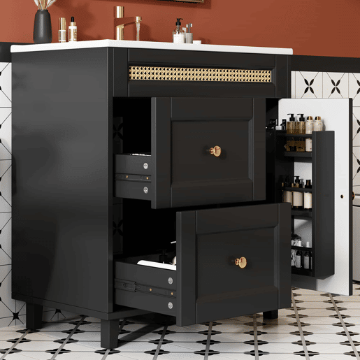 Móvel de casa de banho com lavatório 76x46x86,5 cm - gavetas com corrediças silenciosas, portas com fecho suave, puxadores dourados, detalhes em rattan, lavatório em cerâmica - preto