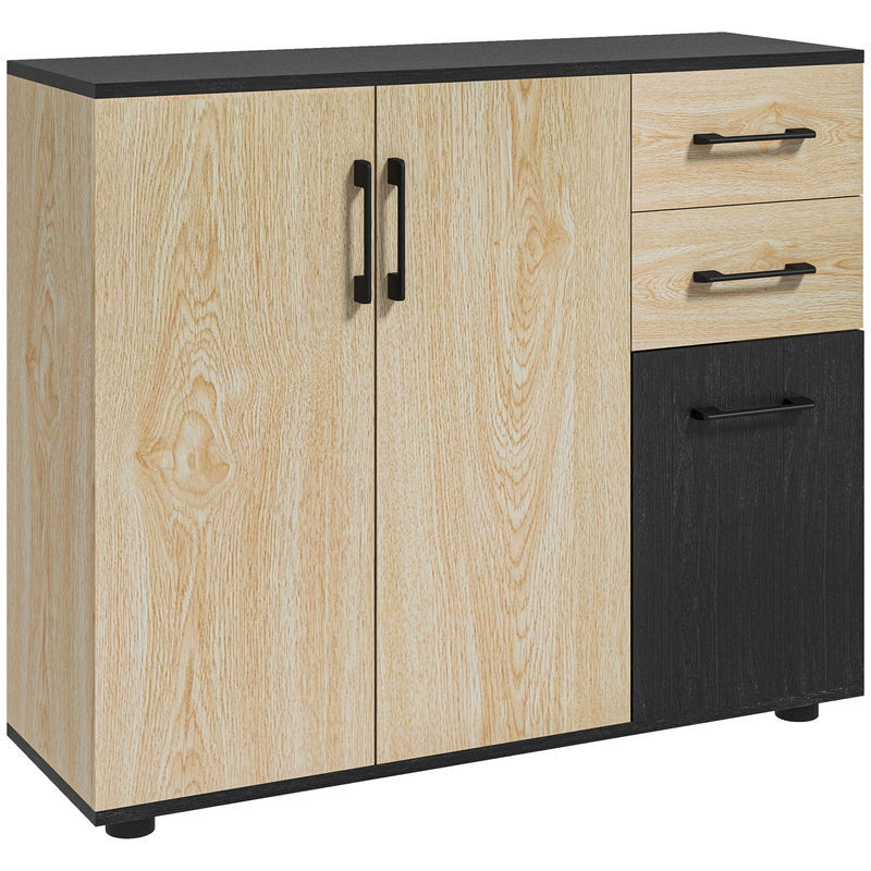 Homcom aparador de 3 puertas, aparador de salón estrecho con 2 cajones, armario de cocina con estante ajustable, para entrada, dormitorio, 90x30x75,5 cm, natural y negro
