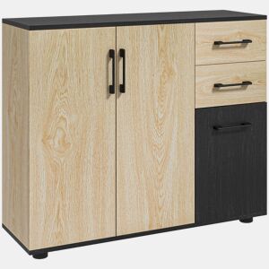 HOMCOM Aparador com 2 Portas, Aparador de Sala Estreito com 2 Gavetas, Armário de Cozinha com Prateleira Ajustável, para Entrada, Quarto, 90x30x75,5 cm, Natural e Preto