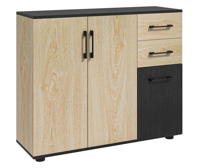 Homcom aparador de 3 puertas, aparador de salón estrecho con 2 cajones, armario de cocina con estante ajustable, para entrada, dormitorio, 90x30x75,5 cm, natural y negro