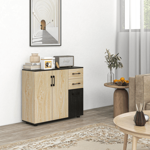 HOMCOM Aparador com 2 Portas, Aparador de Sala Estreito com 2 Gavetas, Armário de Cozinha com Prateleira Ajustável, para Entrada, Quarto, 90x30x75,5 cm, Natural e Preto HOMCOM Aparador com 2 Portas, Aparador de Sala Estreito com 2 Gavetas, Armário de Cozinha com Prateleira Ajustável, para Entrada, Quarto, 90x30x75,5 cm, Natural e Preto