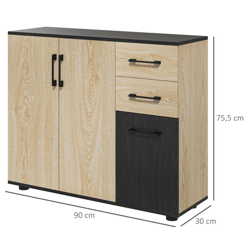 HOMCOM Aparador com 2 Portas, Aparador de Sala Estreito com 2 Gavetas, Armário de Cozinha com Prateleira Ajustável, para Entrada, Quarto, 90x30x75,5 cm, Natural e Preto HOMCOM Aparador com 2 Portas, Aparador de Sala Estreito com 2 Gavetas, Armário de Cozinha com Prateleira Ajustável, para Entrada, Quarto, 90x30x75,5 cm, Natural e Preto
