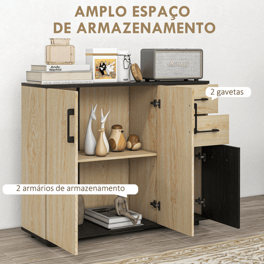 HOMCOM Aparador com 2 Portas, Aparador de Sala Estreito com 2 Gavetas, Armário de Cozinha com Prateleira Ajustável, para Entrada, Quarto, 90x30x75,5 cm, Natural e Preto HOMCOM Aparador com 2 Portas, Aparador de Sala Estreito com 2 Gavetas, Armário de Cozinha com Prateleira Ajustável, para Entrada, Quarto, 90x30x75,5 cm, Natural e Preto