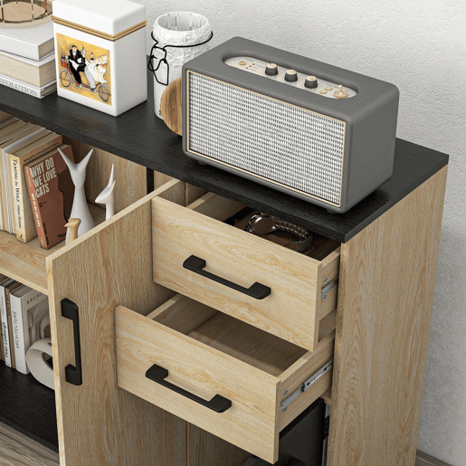 HOMCOM Aparador com 2 Portas, Aparador de Sala Estreito com 2 Gavetas, Armário de Cozinha com Prateleira Ajustável, para Entrada, Quarto, 90x30x75,5 cm, Natural e Preto HOMCOM Aparador com 2 Portas, Aparador de Sala Estreito com 2 Gavetas, Armário de Cozinha com Prateleira Ajustável, para Entrada, Quarto, 90x30x75,5 cm, Natural e Preto