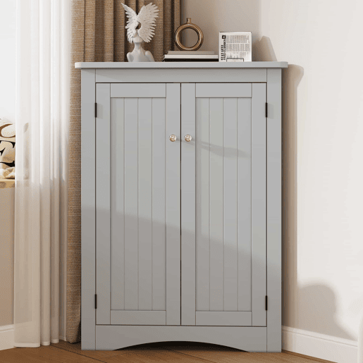 Armário de canto para casa de banho 61,5 x 80 cm - 2 portas triangulares, 3 prateleiras, MDF de alta qualidade com acabamento lacado, design economizador de espaço para casa de banho, cozinha e sala de estar - Cinza