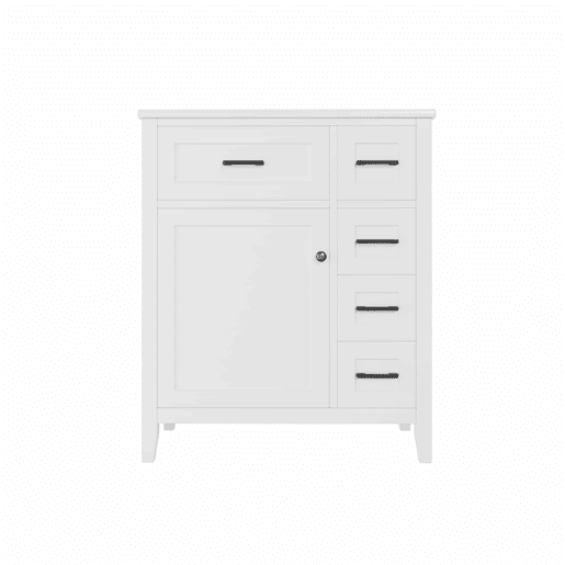 Móvel de casa de banho 76 x 46 x 90 cm - 4 gavetas silenciosas, porta com prateleiras, lavatório de cerâmica integrado, puxadores pretos - Branco