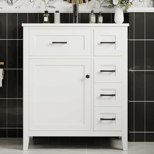 Móvel de casa de banho 76 x 46 x 90 cm - 4 gavetas silenciosas, porta com prateleiras, lavatório de cerâmica integrado, puxadores pretos - Branco