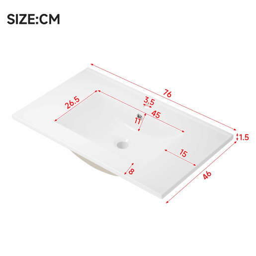 Móvel de casa de banho 76 x 46 x 90 cm - 4 gavetas silenciosas, porta com prateleiras, lavatório de cerâmica integrado, puxadores pretos - Branco