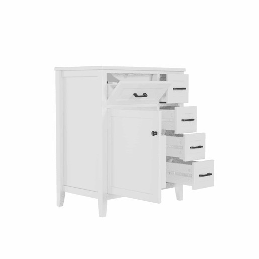 Móvel de casa de banho 76 x 46 x 90 cm - 4 gavetas silenciosas, porta com prateleiras, lavatório de cerâmica integrado, puxadores pretos - Branco