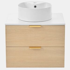 Móvel de casa de banho suspenso de 60 cm - lavatório redondo em cerâmica, frentes com efeito de madeira e padrão às riscas, MDF de alta qualidade, grande capacidade de arrumação com 2 gavetas + bancada - Madeira natural