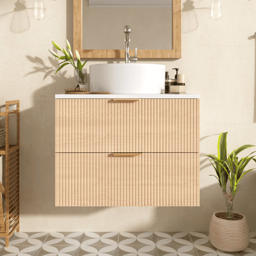 Móvel de casa de banho suspenso de 60 cm - lavatório redondo em cerâmica, frentes com efeito de madeira e padrão às riscas, MDF de alta qualidade, grande capacidade de arrumação com 2 gavetas + bancada - Madeira natural Móvel de casa de banho suspenso de 60 cm - lavatório redondo em cerâmica, frentes com efeito de madeira e padrão às riscas, MDF de alta qualidade, grande capacidade de arrumação com 2 gavetas + bancada - Madeira natural