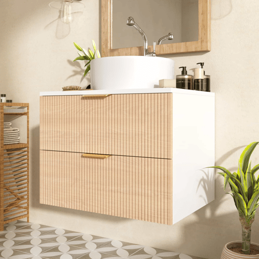 Móvel de casa de banho suspenso de 60 cm - lavatório redondo em cerâmica, frentes com efeito de madeira e padrão às riscas, MDF de alta qualidade, grande capacidade de arrumação com 2 gavetas + bancada - Madeira natural Móvel de casa de banho suspenso de 60 cm - lavatório redondo em cerâmica, frentes com efeito de madeira e padrão às riscas, MDF de alta qualidade, grande capacidade de arrumação com 2 gavetas + bancada - Madeira natural