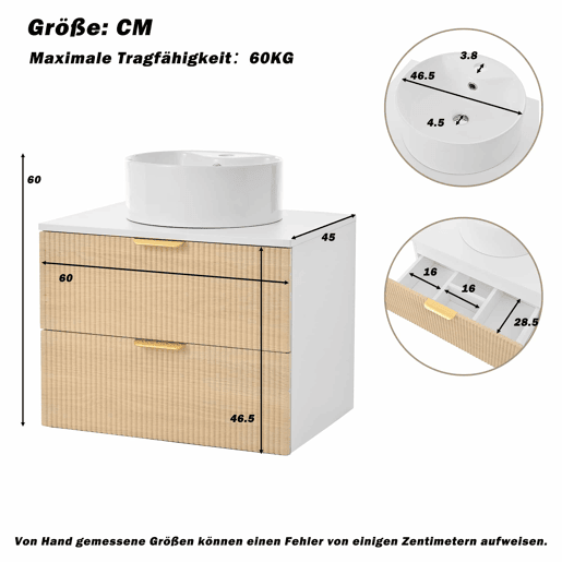Móvel de casa de banho suspenso de 60 cm - lavatório redondo em cerâmica, frentes com efeito de madeira e padrão às riscas, MDF de alta qualidade, grande capacidade de arrumação com 2 gavetas + bancada - Madeira natural Móvel de casa de banho suspenso de 60 cm - lavatório redondo em cerâmica, frentes com efeito de madeira e padrão às riscas, MDF de alta qualidade, grande capacidade de arrumação com 2 gavetas + bancada - Madeira natural