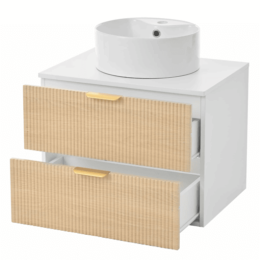 Móvel de casa de banho suspenso de 60 cm - lavatório redondo em cerâmica, frentes com efeito de madeira e padrão às riscas, MDF de alta qualidade, grande capacidade de arrumação com 2 gavetas + bancada - Madeira natural Móvel de casa de banho suspenso de 60 cm - lavatório redondo em cerâmica, frentes com efeito de madeira e padrão às riscas, MDF de alta qualidade, grande capacidade de arrumação com 2 gavetas + bancada - Madeira natural