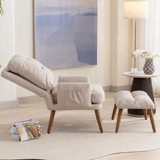 Poltrona lounge com apoio para os pés - encosto com 5 posições, reclinável, com bandeja lateral - Bege