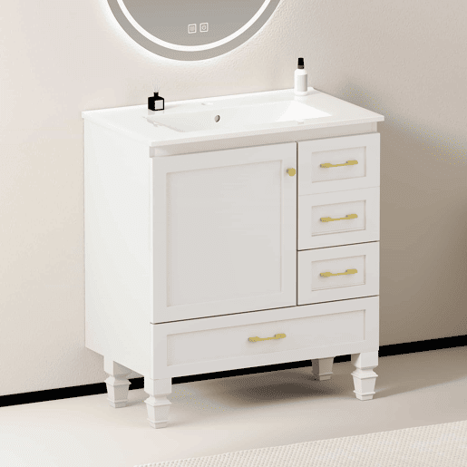 Móvel de casa de banho de 76 cm - amplo espaço de arrumação com 1 porta com fecho suave e 3 gavetas - branco