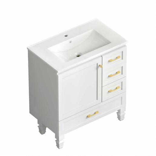 Móvel de casa de banho de 76 cm - amplo espaço de arrumação com 1 porta com fecho suave e 3 gavetas - branco