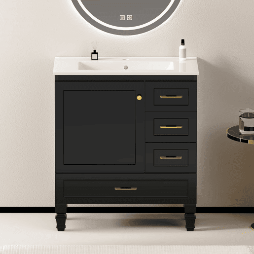 Móvel de casa de banho de 76 cm - amplo espaço de arrumação, 1 porta com fecho suave e 3 gavetas - preto