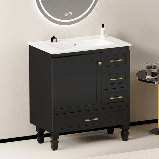 Móvel de casa de banho de 76 cm - amplo espaço de arrumação, 1 porta com fecho suave e 3 gavetas - preto