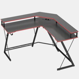 HOMCOM Secretária de Canto com Tomadas Mesa em Forma de L 128x128 cm com Suporte para Monitor Gancho para Auscultadores e Suporte para Copos Mesa de Computador para Escritório Casa, Preta