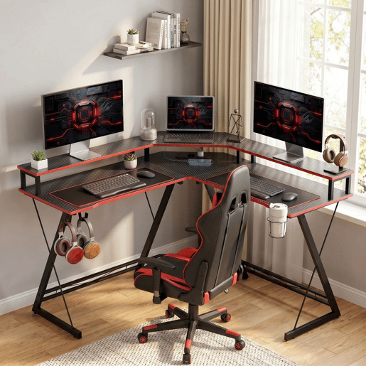 HOMCOM Secretária de Canto com Tomadas Mesa em Forma de L 128x128 cm com Suporte para Monitor Gancho para Auscultadores e Suporte para Copos Mesa de Computador para Escritório Casa, Preta HOMCOM Secretária de Canto com Tomadas Mesa em Forma de L 128x128 cm com Suporte para Monitor Gancho para Auscultadores e Suporte para Copos Mesa de Computador para Escritório Casa, Preta