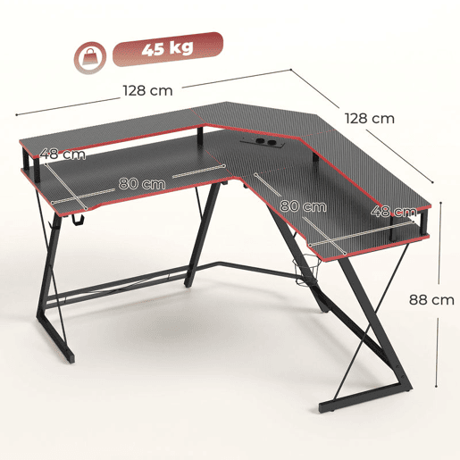 HOMCOM Secretária de Canto com Tomadas Mesa em Forma de L 128x128 cm com Suporte para Monitor Gancho para Auscultadores e Suporte para Copos Mesa de Computador para Escritório Casa, Preta HOMCOM Secretária de Canto com Tomadas Mesa em Forma de L 128x128 cm com Suporte para Monitor Gancho para Auscultadores e Suporte para Copos Mesa de Computador para Escritório Casa, Preta