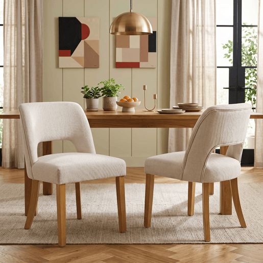 Conjunto de 4 cadeiras de jantar - confortáveis e respiráveis, estilo moderno, tecido de linho, pernas em madeira maciça - bege