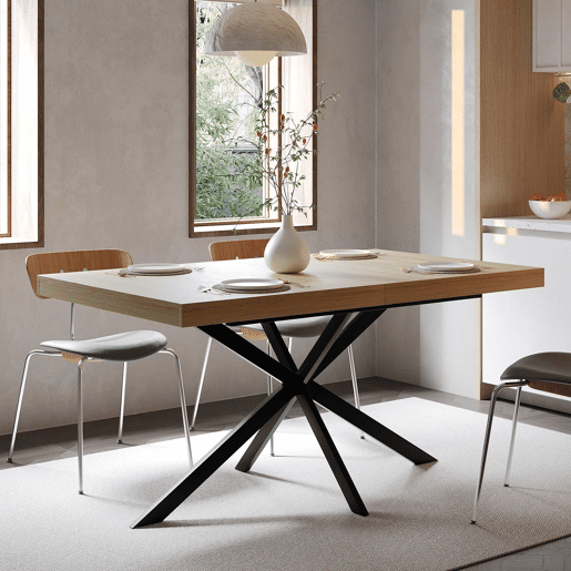 Mesa de jantar extensível 140-180 cm - estilo retro, arrumação oculta, placa central em relevo - Natural Mesa de jantar extensível 140-180 cm - estilo retro, arrumação oculta, placa central em relevo - Natural